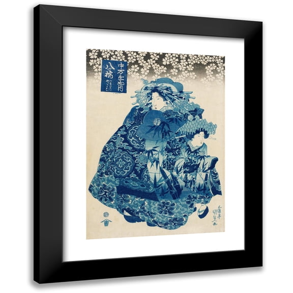 Utagawa Kunisada (Toyokuni III) 11x14 Black Modern Framed Museum Art Print Titled - Yatsuhashi of the Naka-Manjiya, Kamuro Wakaba and Yayoi (circa 1831)