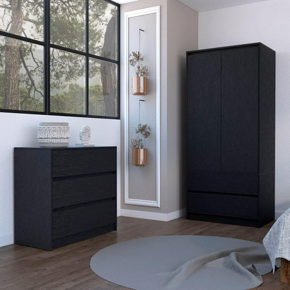 We Have Furniture Lewes 2 Piece Bedroom Set, Dresser   Armoire, Black Wengue Finish