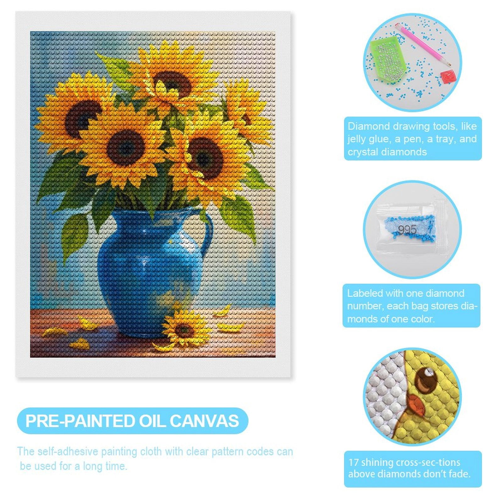 Diamond Art Kits for Adults - Sunflowers In Blue Vase 5d Diamond Painting for Adults, Diamond Art for Adults Beginners, Frameless Diamond Painting Kits for Adults for Home Wall Decor