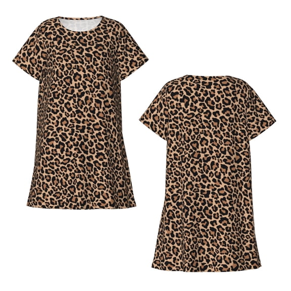 Horeoi Brown Leopard Print Women's Short-sleeved Nightdress Breathable Cotton-like Material Loose A-line Knee-length