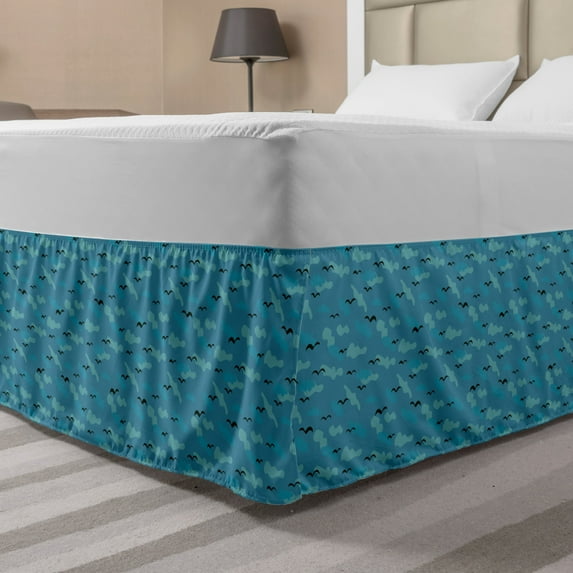 Seagulls Bed Skirt, Animal Retro Flying Birds Over Clouds in Blue Tones Illustration Print, Elastic Bedskirt Dust Ruffle Wrap Around for Bedding Decor, 4 Sizes, Sea Blue and White, by Ambesonne
