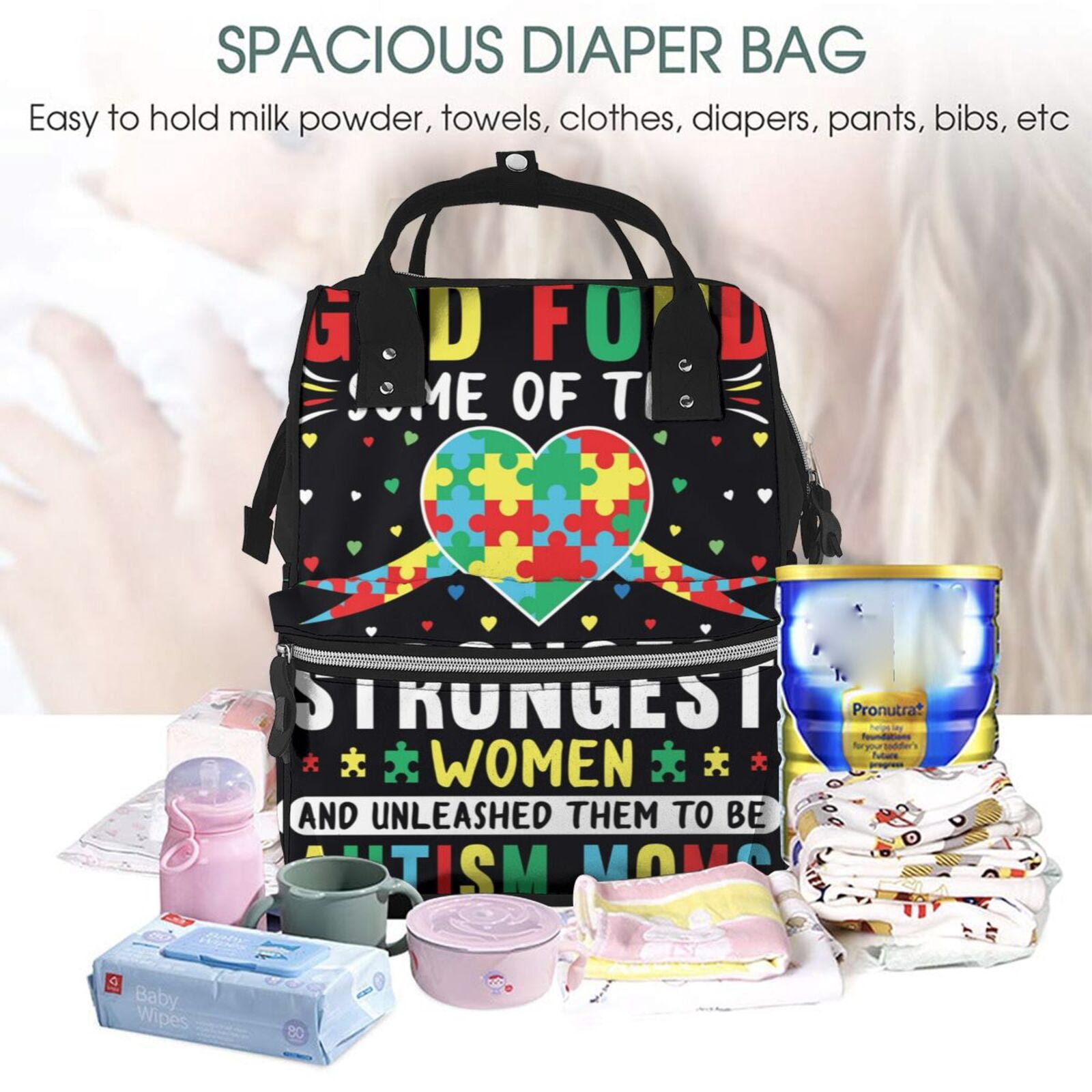 Ratiio I Love With Autism Mummy Backpack - Waterproof Twill Canvas, Large Capacity Diaper Bag with Multiple Pockets and Adjustable Straps
