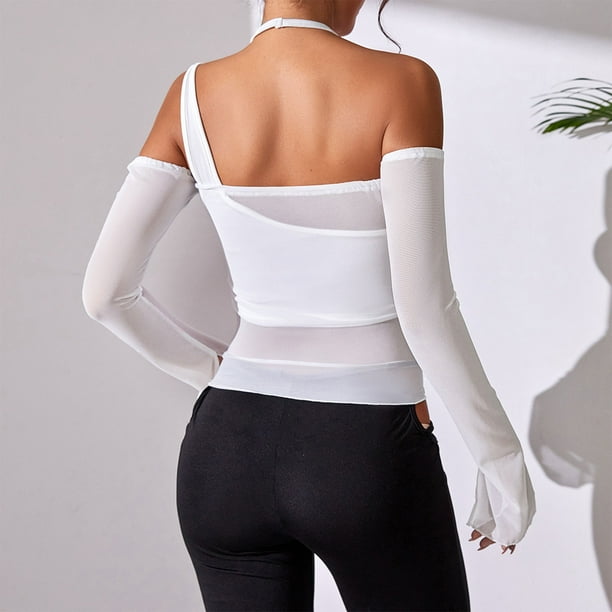 Blusa con hombros descubiertos y espalda descubierta para mujer blusa de malla ajustada con mangas largas y cuello Halter color blanco M