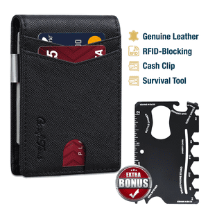 ComfiTime Men's Slim Leather Wallet With Money Clip Black