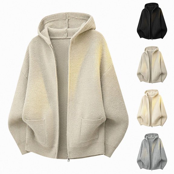 Babcutegg Mens Zip Up Hooded Knit Cardigan Sweater Loose Fit Long Sleeve Thermal Casual Sweaters for Winter Size M