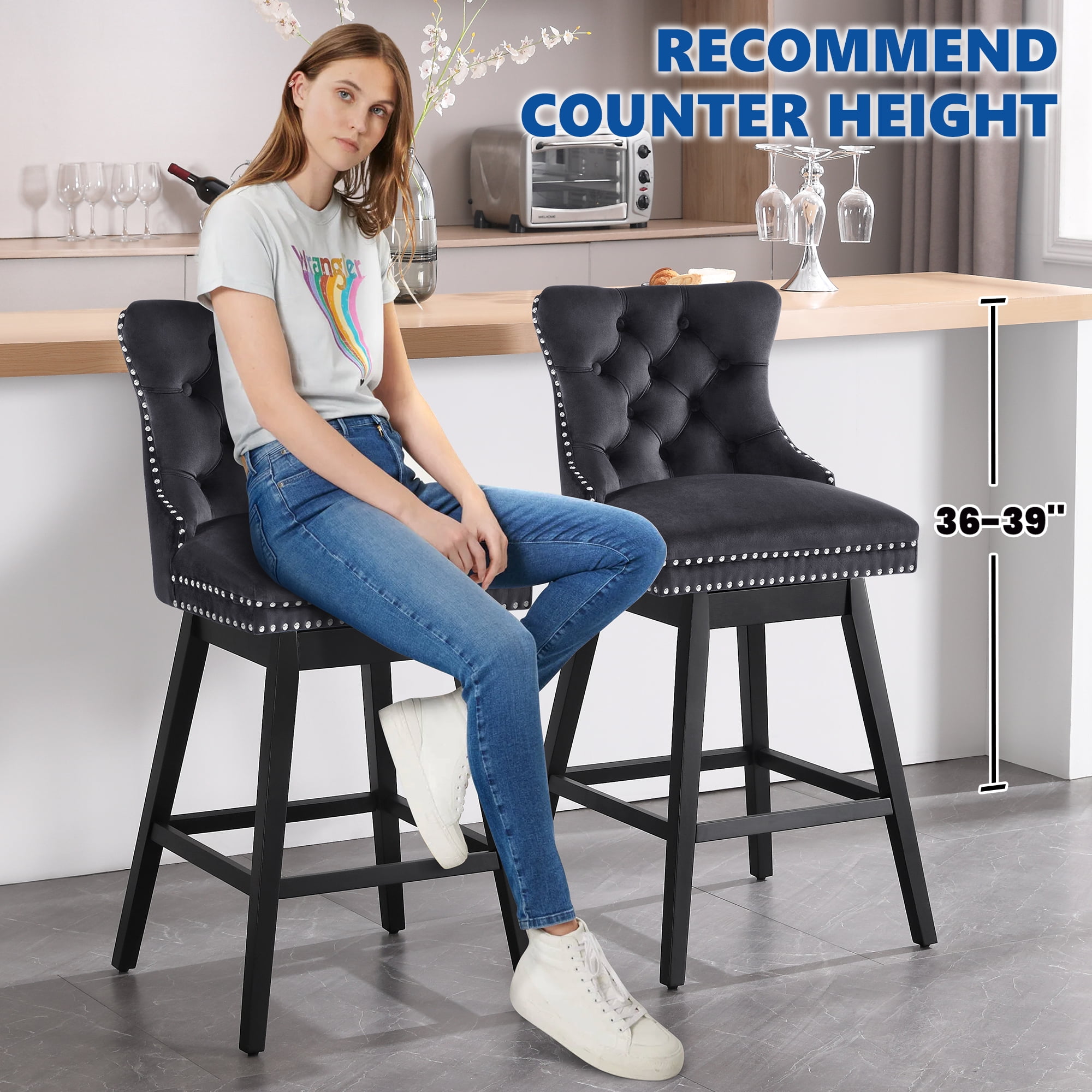 Tewloss 26" Swivel Bar Stools Set of 2 Velvet Counter Height Chairs for Home Kitchen Dining, Black