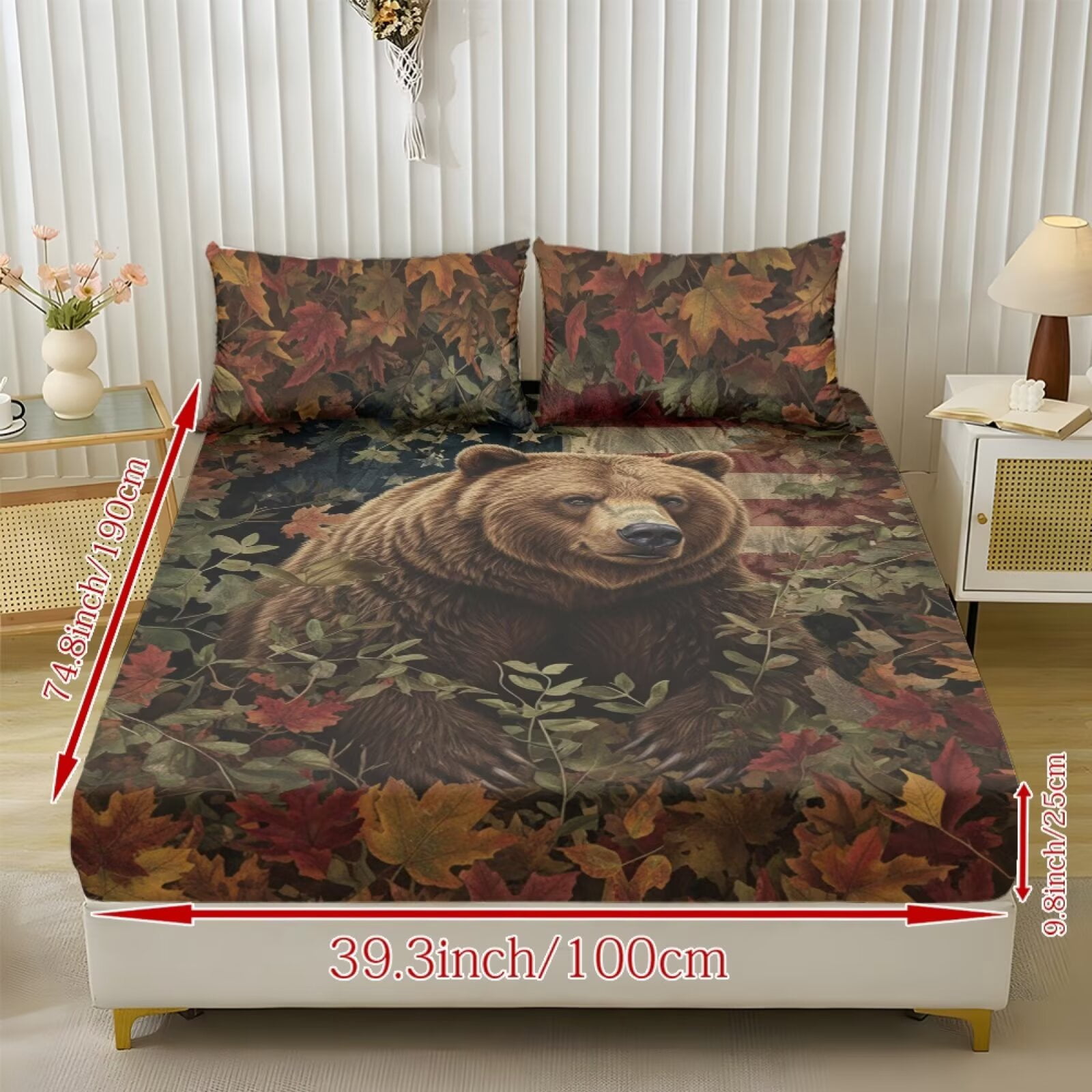 ZIATUBLES Queen Size Sheet Set-Soft Stretchy 3 Piece Bedding with 9.8" Pocket Fitted Sheet and 2 Pillowcases, Breathable Comfy Bedding for Bedroom, Autumn Leaf Brown Bear Print