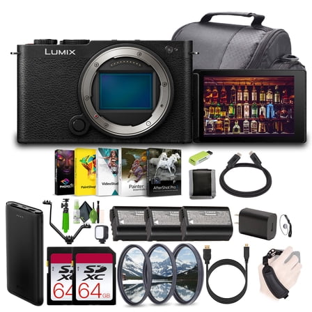 Panasonic LUMIX S9 Mirrorless Full Frame Compact Camera Body (DC-S9BODYK) for Content Creators - Black -Bundle with 2x 64GB UHS-II SDXC Memory Card   Extra Batteries and More Accessories