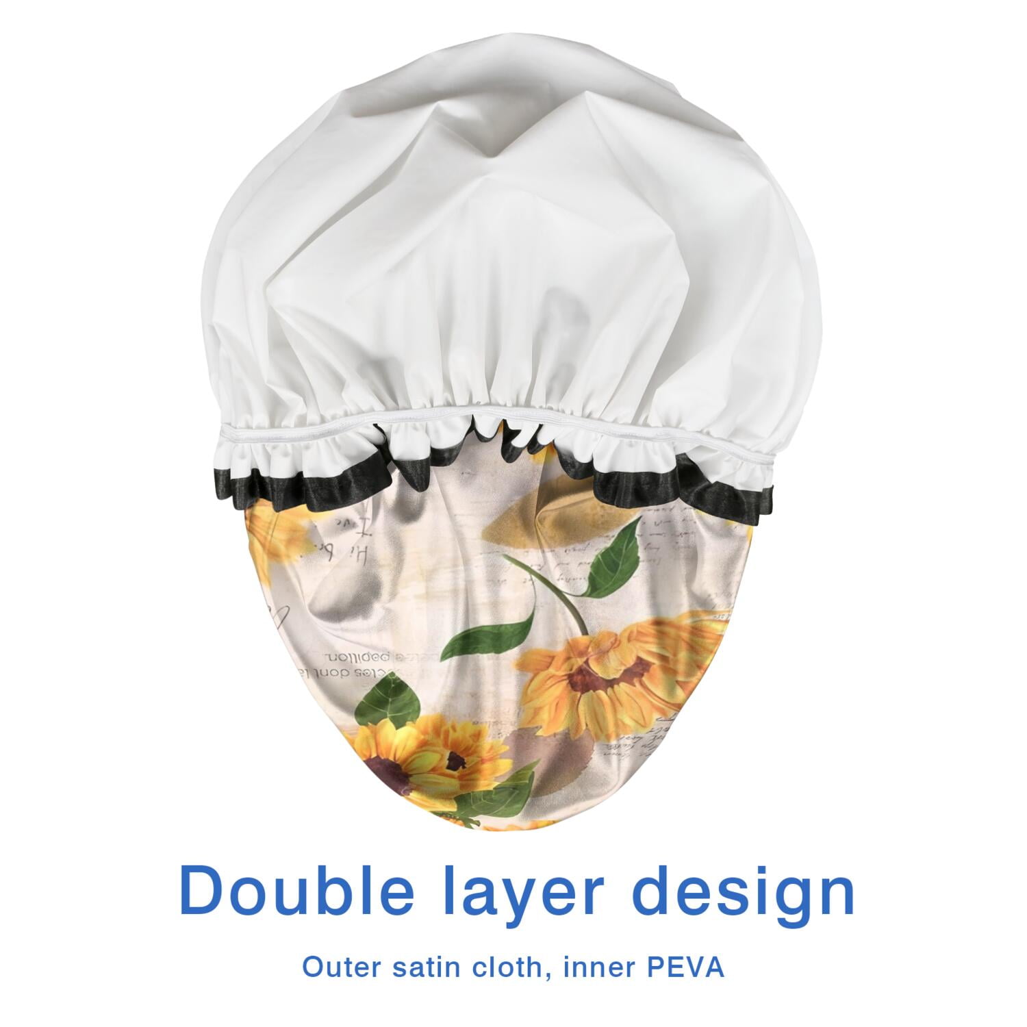 Shower Caps,Leaf Newspaper Text Sunflower Pattern Waterproof Shower Cap for Women 4 Pieces,Double Reusable Hair Cover for Shower PEVA Elastic Stretch Hem