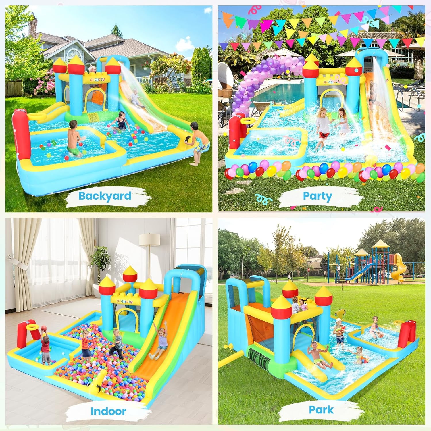 Veeboto 6-in-1 Water Slide with 550W Blower, Inflatable Bounce House with Climbing Wall, 2 Inflatable Slides, Basketball Hoop, Deep Pool, Bounce Zone for Kids, Indoor Backyard Party