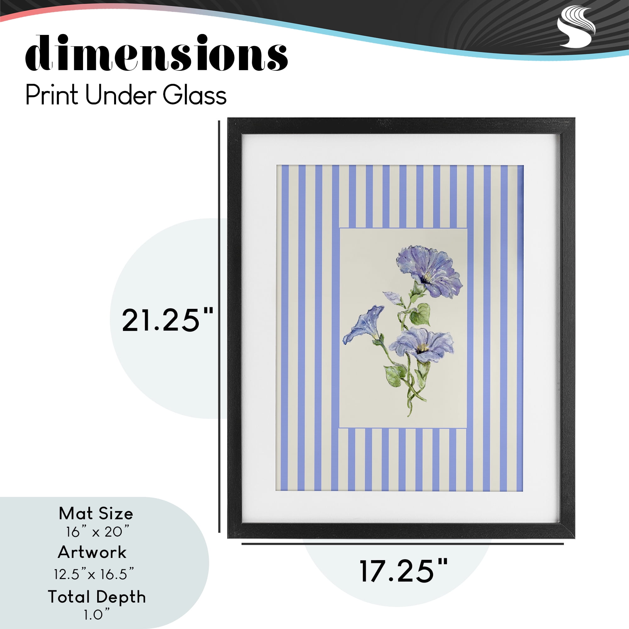 Blue Stripe Morning Glory Black Framed Print Under Glass, design by Lisa Wehmeyer