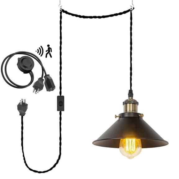 KAYYELAMP Detachable Motion Sensor Black Metal Shade 3-Prong Plug Cord(15Ft) Vintage Design Hanging Porch Light for Entrance Kitchen(No Bulb)