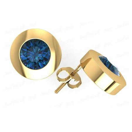 Real 1.00Ct Round Cut Blue Diamond Stud Earrings 14k Yellow Gold Bezel Setting