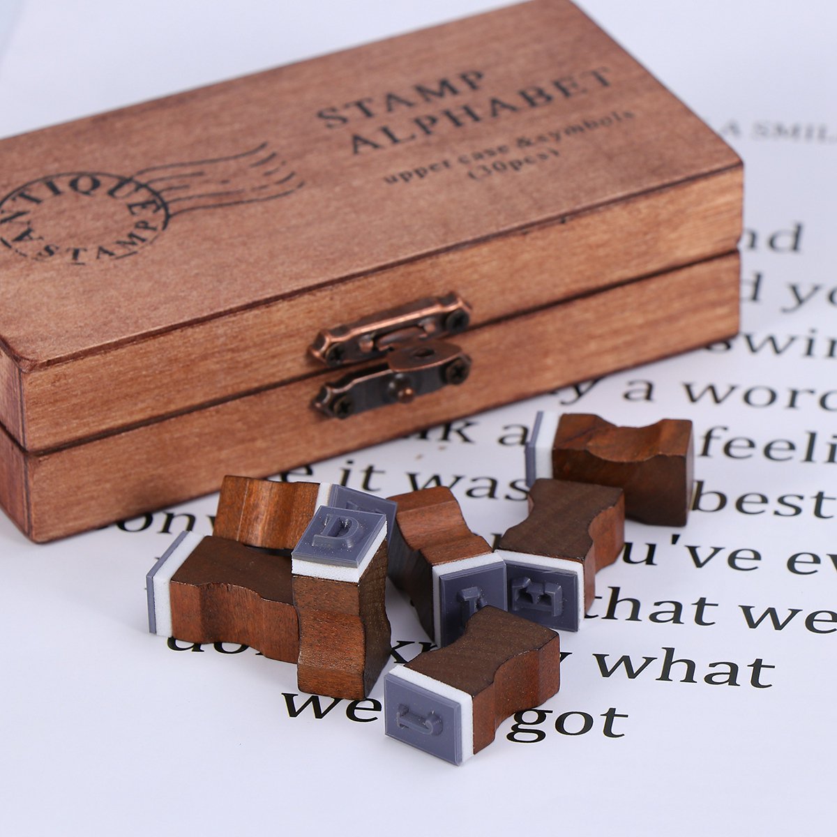 OFFIGAM Wooden Letter Stamps Retro 30pcs with Brass Buckles for Diary Albums