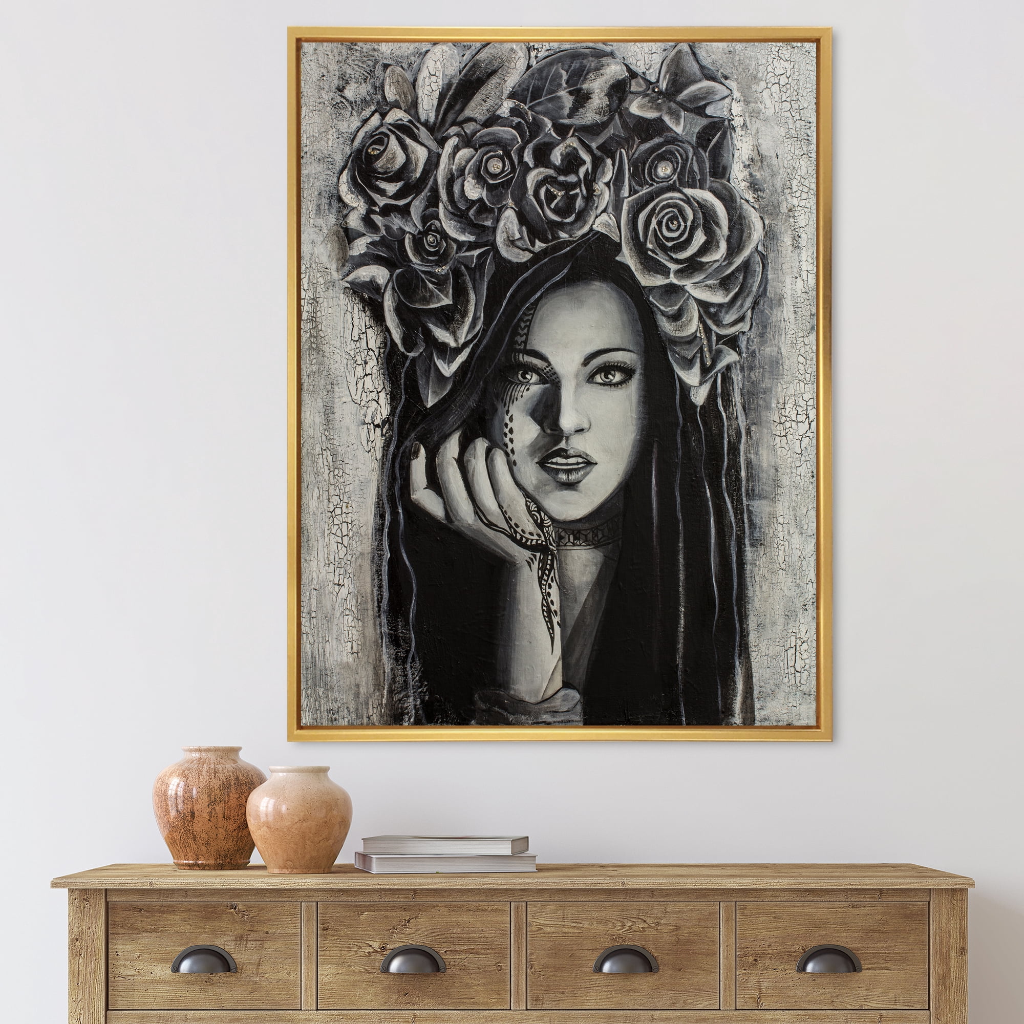 Designart 'Portrait Of A Young Woman With Flowers III' Modern Framed Canvas Wall Art Print