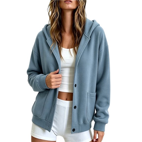 Button up Hoodies for Women, Soft Fleece Hooded Sweatshirt, Lightweight Casual Solid Color Long Sleeve Fall Jackets with Side Pockets, M