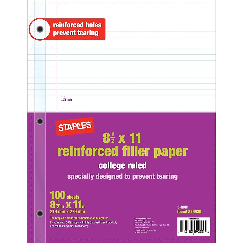 Staples Reinforced Filler Paper College Ruled 81/2" x 11" 12 pack