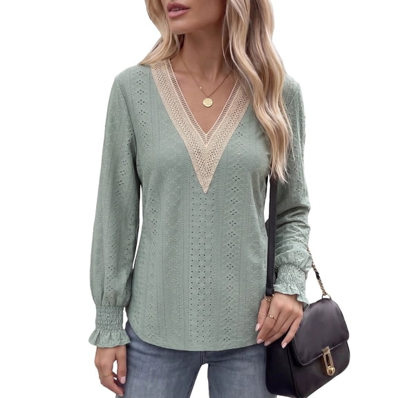 CHGBMOK Long Sleeve Shirts for Women Casual Lace V Neck Dressy Tops Fall Trendy Blouses Hollow Floral T Shirts