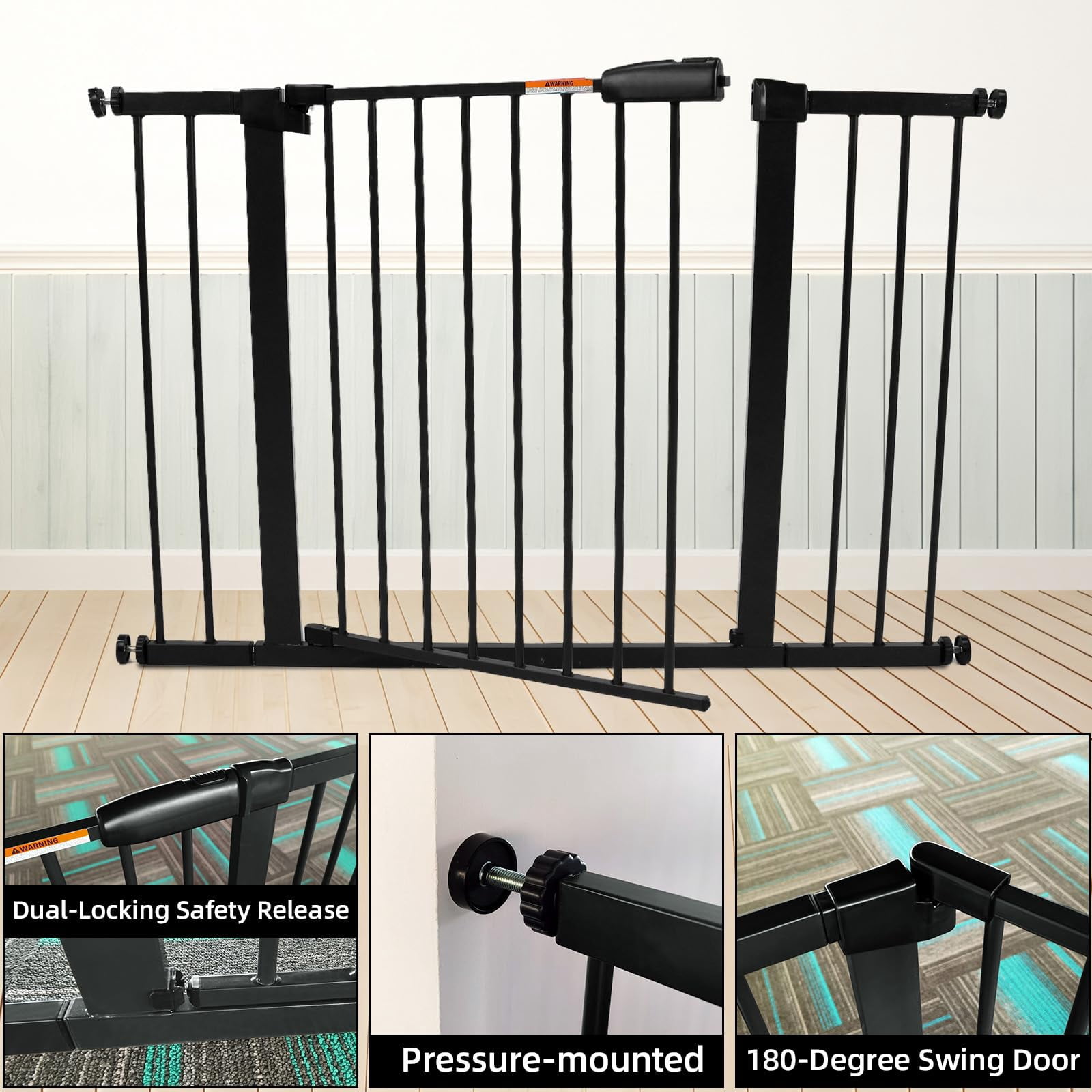 29-57 Inch Dog Gate Indoor, Adjustable Pet Gates for Wide Openings, Pressure Mounted Pet Fence, No Drilling, Expandable Dog Gate for Doorways, Stairways and Hallways (Black, 29"-57" W x 30.5“H)