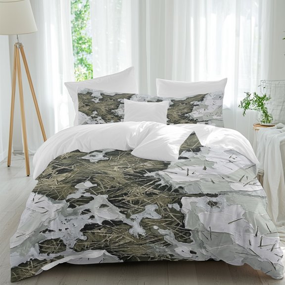 White Snowbanks Comforter Set Queen Size, Abstract Impasto Palette Expressionist Texture Soft Bedding Set for Man Woman, 4 Pieces Duvet Cover Set with Fitted Sheet, 2 Pillowcases