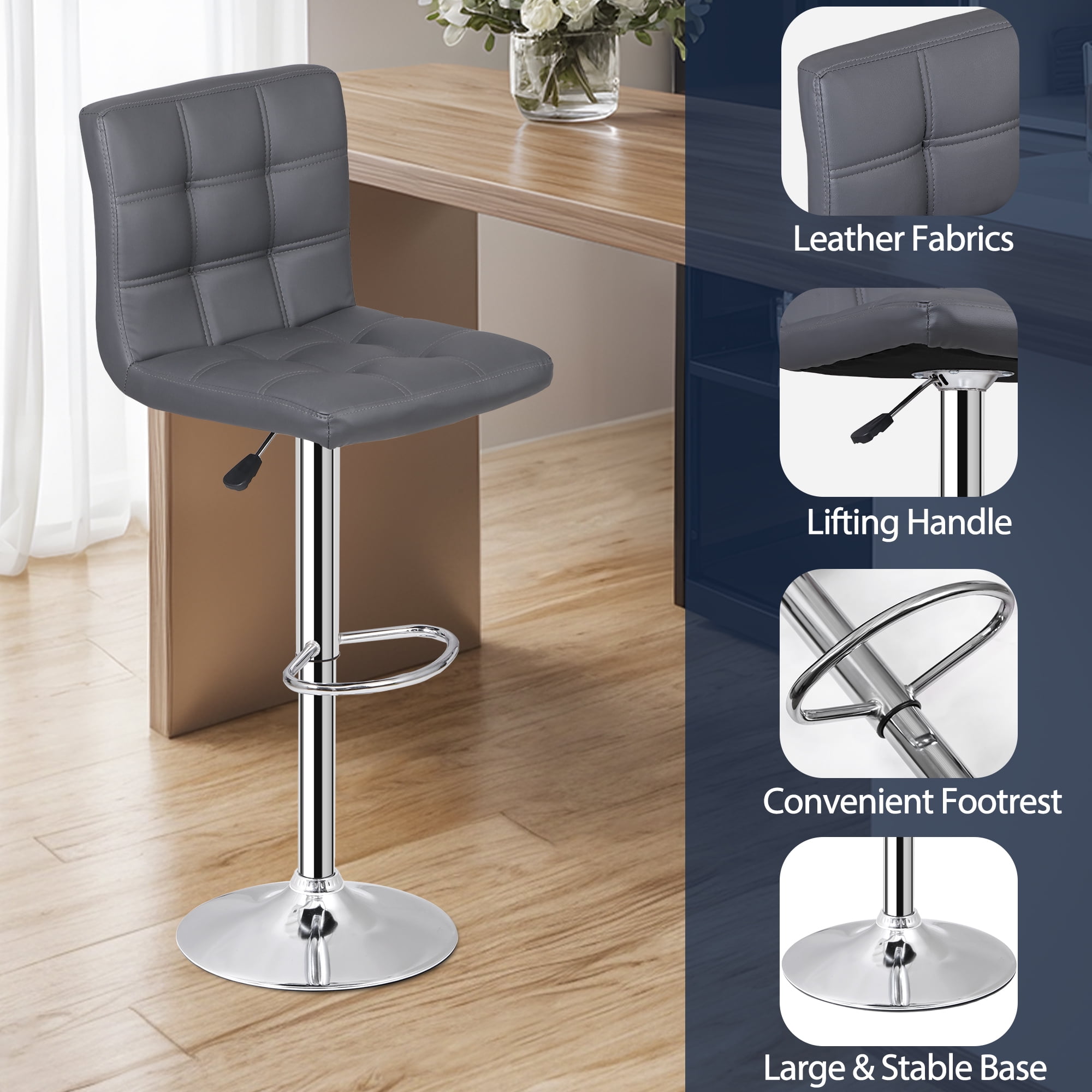 ZenSports Set of 4 Adjustable Stool W/Back - PU Leather Swivel Barstools Bar Indoor Kitchen Counter Stool Gray