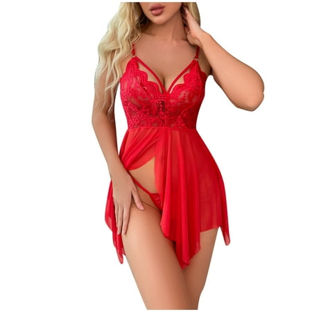 

HAPIMO Rollbacks Women s Babydoll Lingerie Lace Mesh Sheer Dress Cozy Pleat Strappy Chemise Exotic Nightgowns Bridal Nightdress Sleepwear Red XL
