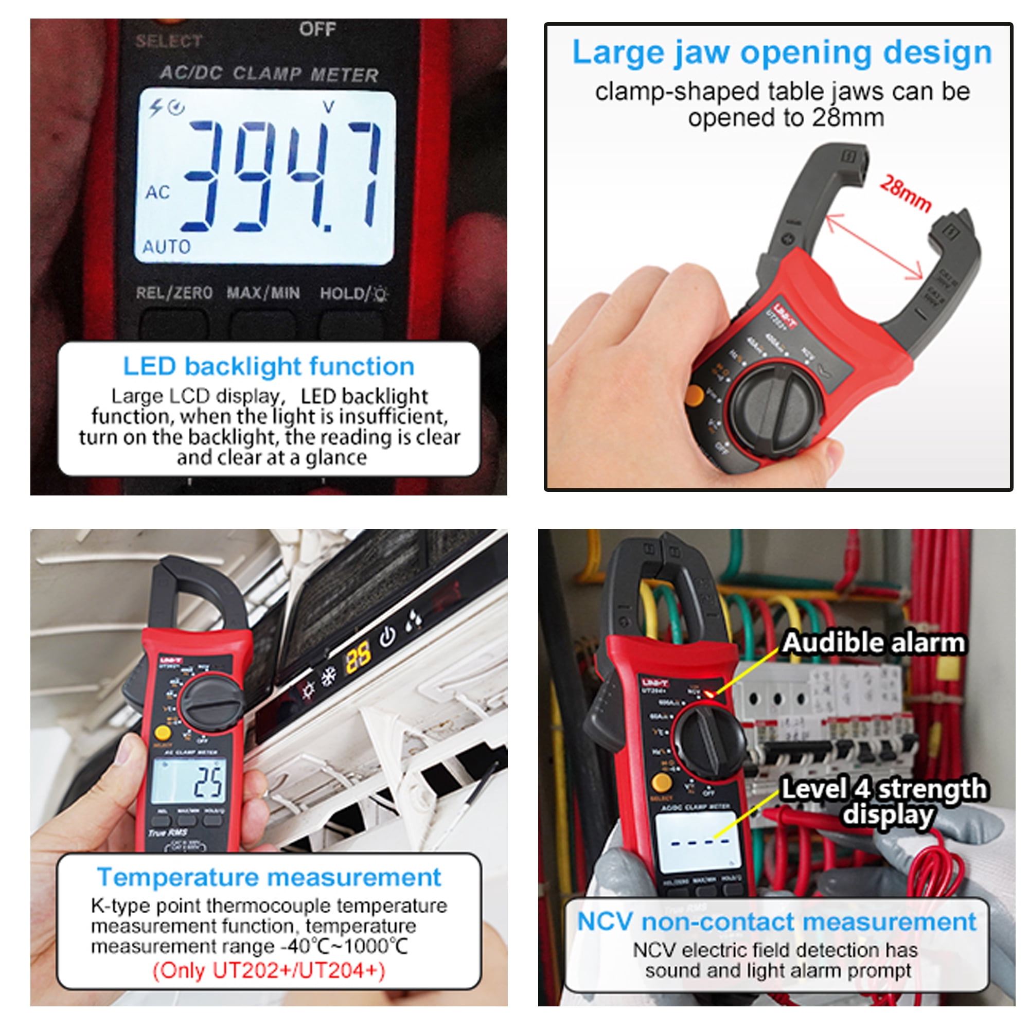 UNI-T 4000-Count Digital Clamp Multimeter UT202+ True RMS Clamp Meter 600V AC/DC Voltage,AC Current,NCV Capacitance Resistance Temperature Tester for Home Automotive DIY