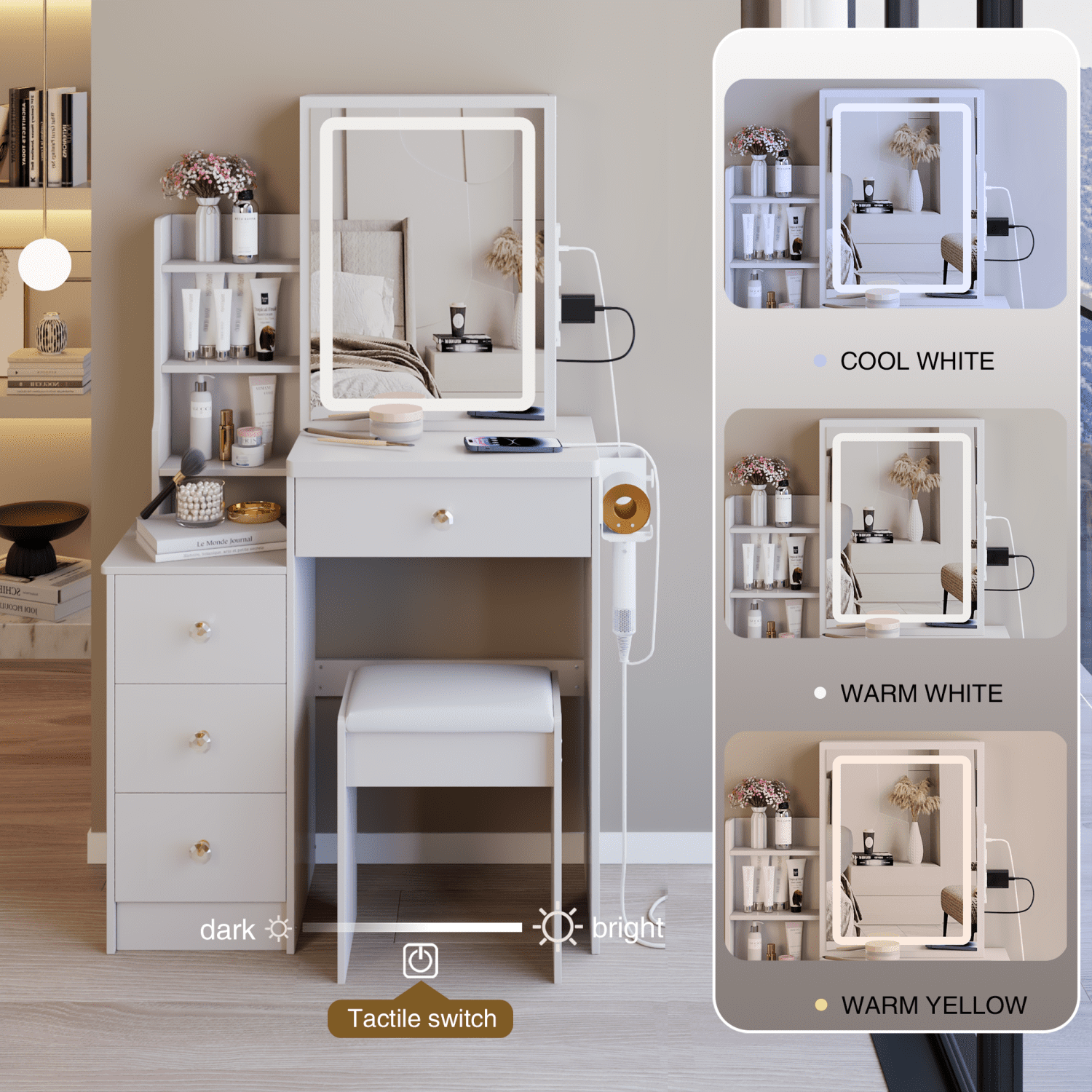 Space-Saving 29.2" Vanity Table with 2 AC+2 USB Ports, Triple Color LED Mirror, and Cushioned Stool – Ideal for Small Spaces & Morning Routines, White