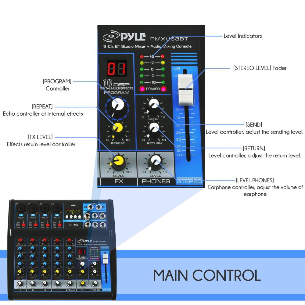 Pyle PMXU63BT - 6-Ch. Bluetooth Studio Mixer - DJ Controller Audio Mixing Console System