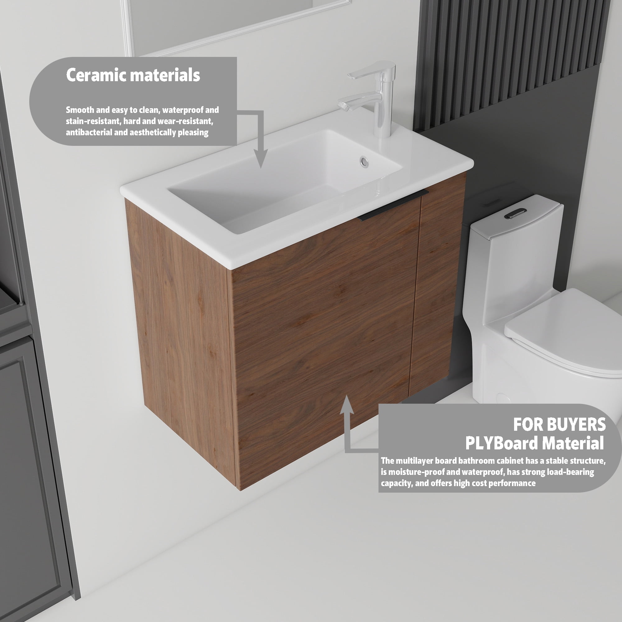 Leumius 22" Floating Bathroom Vanity with Ceramic Sink & Soft-Close Doors,Wall-Mounted Vanity for Small Space,Bathroom,Brown