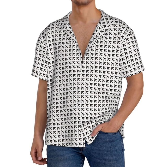 Fotbe Airplane Camisa Estampada de Manga Corta para Hombre, Casual de Verano, Estilo Playero, Sin Arrugas-Small