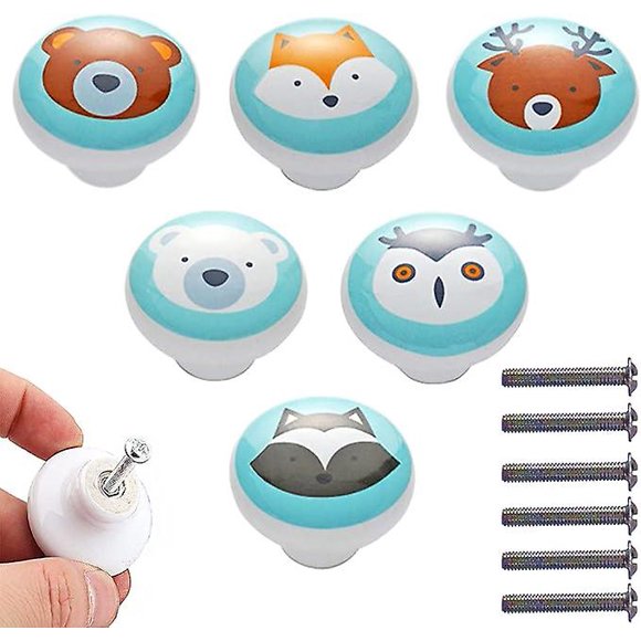 6pcs Ceramic Kitchen Cabinet Knob Child's Furniture Knob Animals Kitchen Door Knob Blue Porcelain Cute Drawer Knob for Cabinet Drawer Cabinet Kitchen
