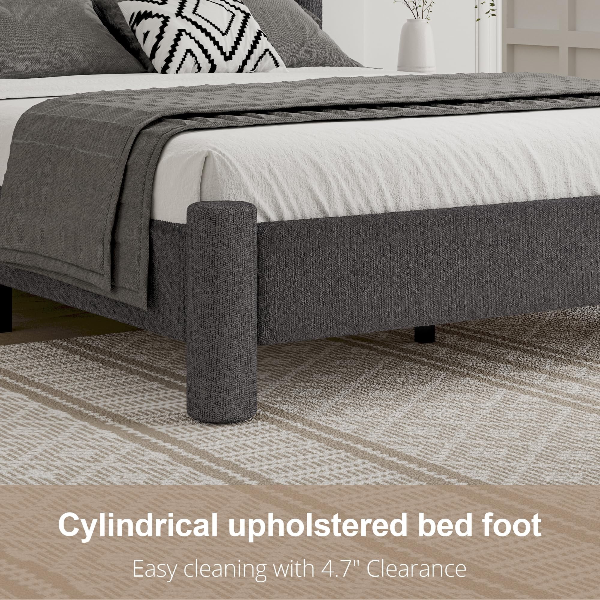 4 EVER WINNER Queen Bed Frame, Queen Size Bed Frame, Upholstered Queen Bed with Rounded Legs, Boucle Bed Frame with Headborad, Dark Grey