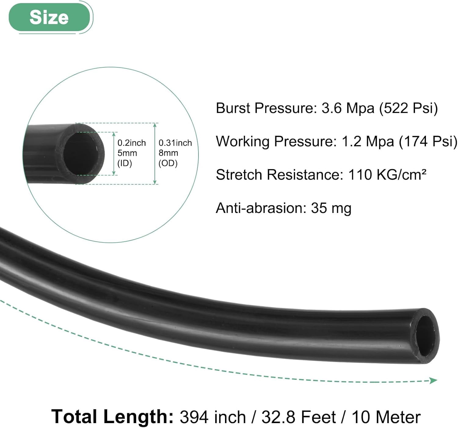 FRKSMD-Pneumatic Tubing Pipe, 5mm(ID) x8mm(OD) PU Polyurethane Air Compressor Hose for Air Compressor Fitting/Gas/Fluid Transfer, Air Hose Line Tube [10M/32.8ft, Black]