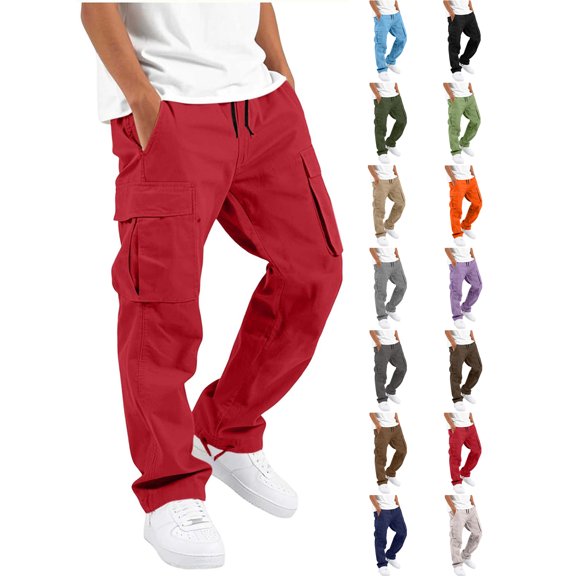 Ndbuld Boys Cargo Pants Elastic Drawstring Waist Multi Pockets Casual Tapered Cuffed Kids Work Trousers Red 10-11Years