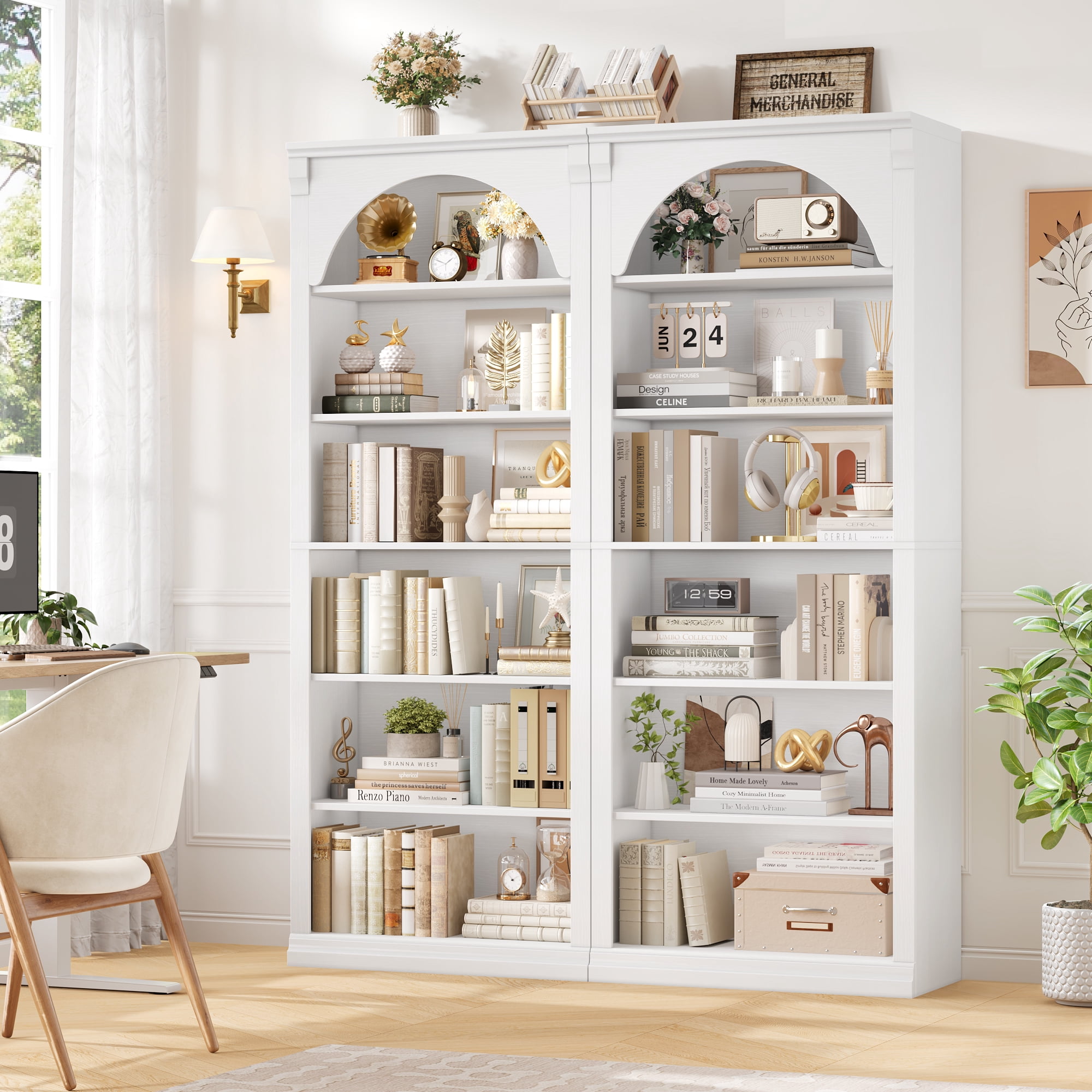 Homfa 6-Tier Bookcase with Arched Top and Pilasters, 72.8" H Accent Bookcase with Bark Grain Texture, White