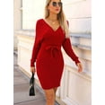 thumbnail image 4 of Women'S Long Sleeve Bodycon Sweater Dress V Neck Cable Knit Slit Midi Dresses with Belt Wine Red L, 4 of 10