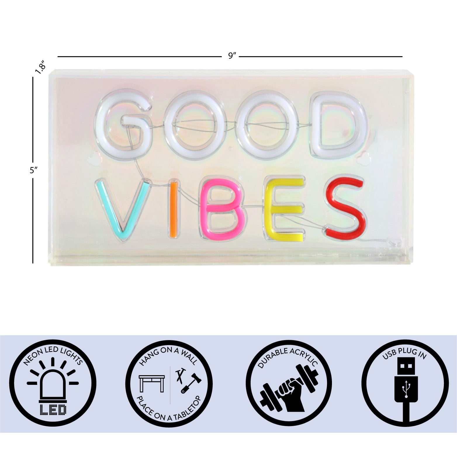 Urban Shop LED Neon Good Vibes Light-up Iridescent Acrylic Box, Multicolor