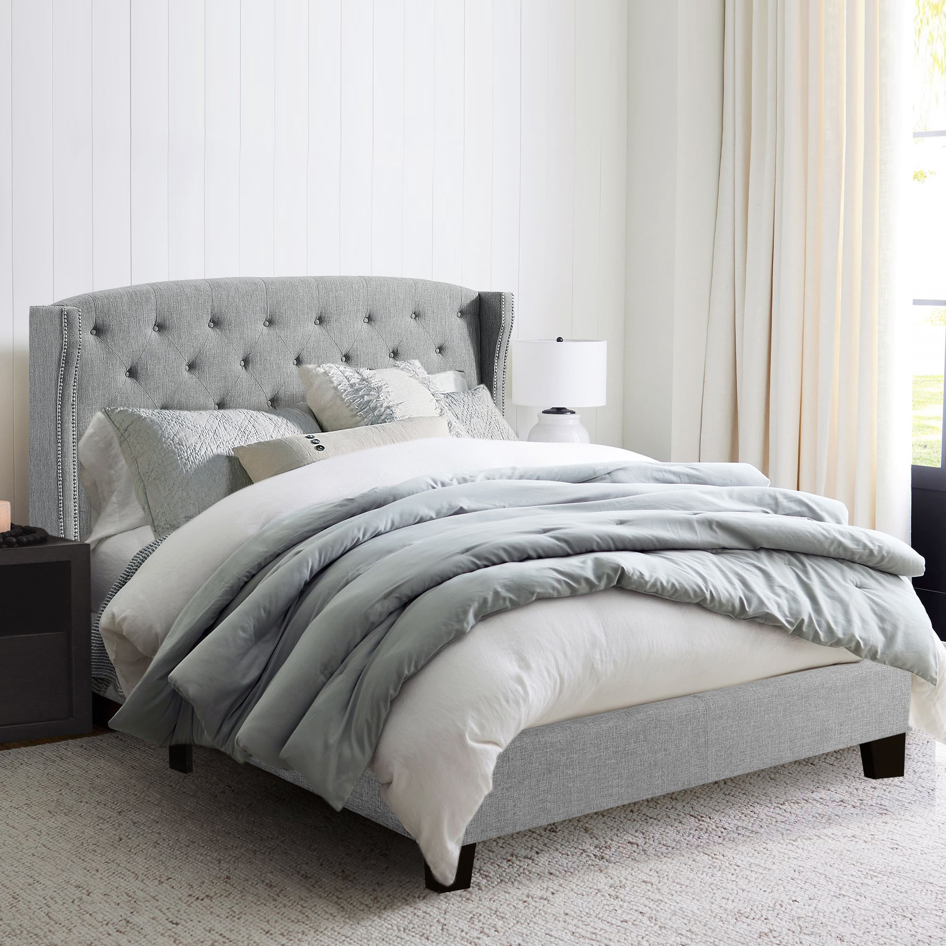 BSHTI Grey Tufted Wingback Full Size Bed, Upholstered Platform Bed Frame with Button Tufted Headboard, Box Spring Needed, Modern Bedroom Furniture