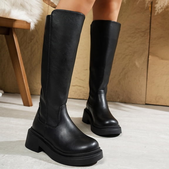 Women's Platform Knee High Boots, Leather Wide Calf Chunky Heel Square Toe Back Zipper Motorcycle Boots