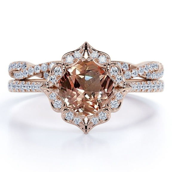 JeenMata 1.50 Carat Cushion Cut created morganite Wedding Set - Bridal Set - Wedding Trio Set - Infinity Twisted Ring - Art Deco Ring - 18k Rose Gold Over Silver