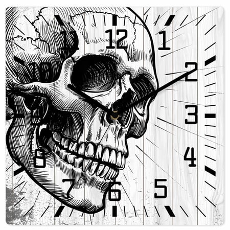 Horror Skull Wooden Wall Clock Silent Non Ticking, Black Skeleton Spooky Halloween Square Wall Clocks Battery Operated, Decor Clock for Home Office, Living Room, Kitchen, 12 Inch