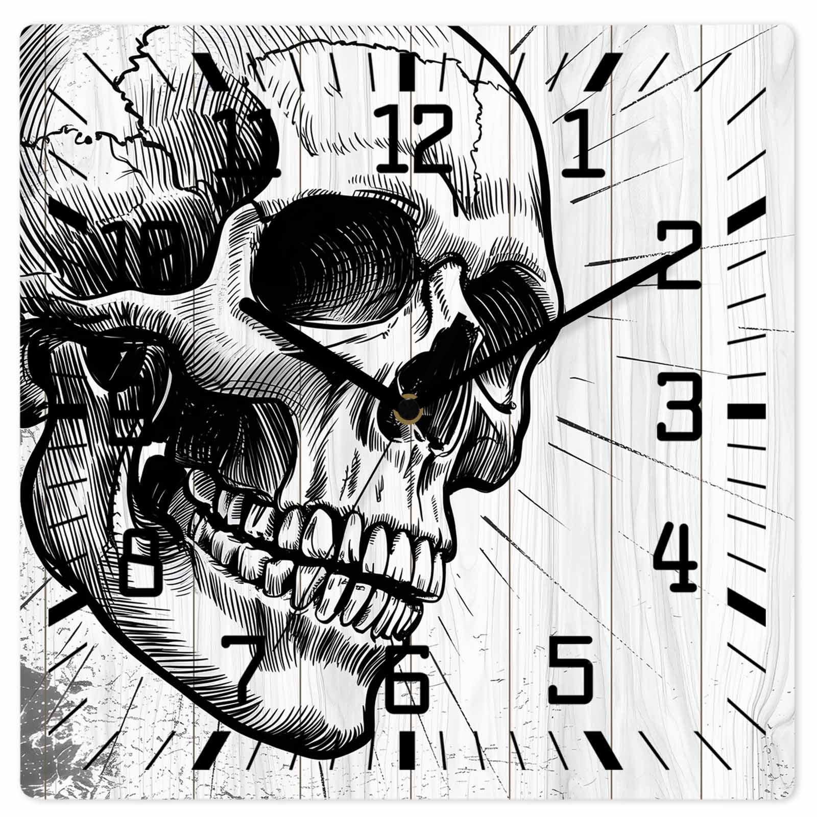 Horror Skull Wooden Wall Clock Silent Non Ticking, Black Skeleton Spooky Halloween Square Wall Clocks Battery Operated, Decor Clock for Home Office, Living Room, Kitchen, 12 Inch