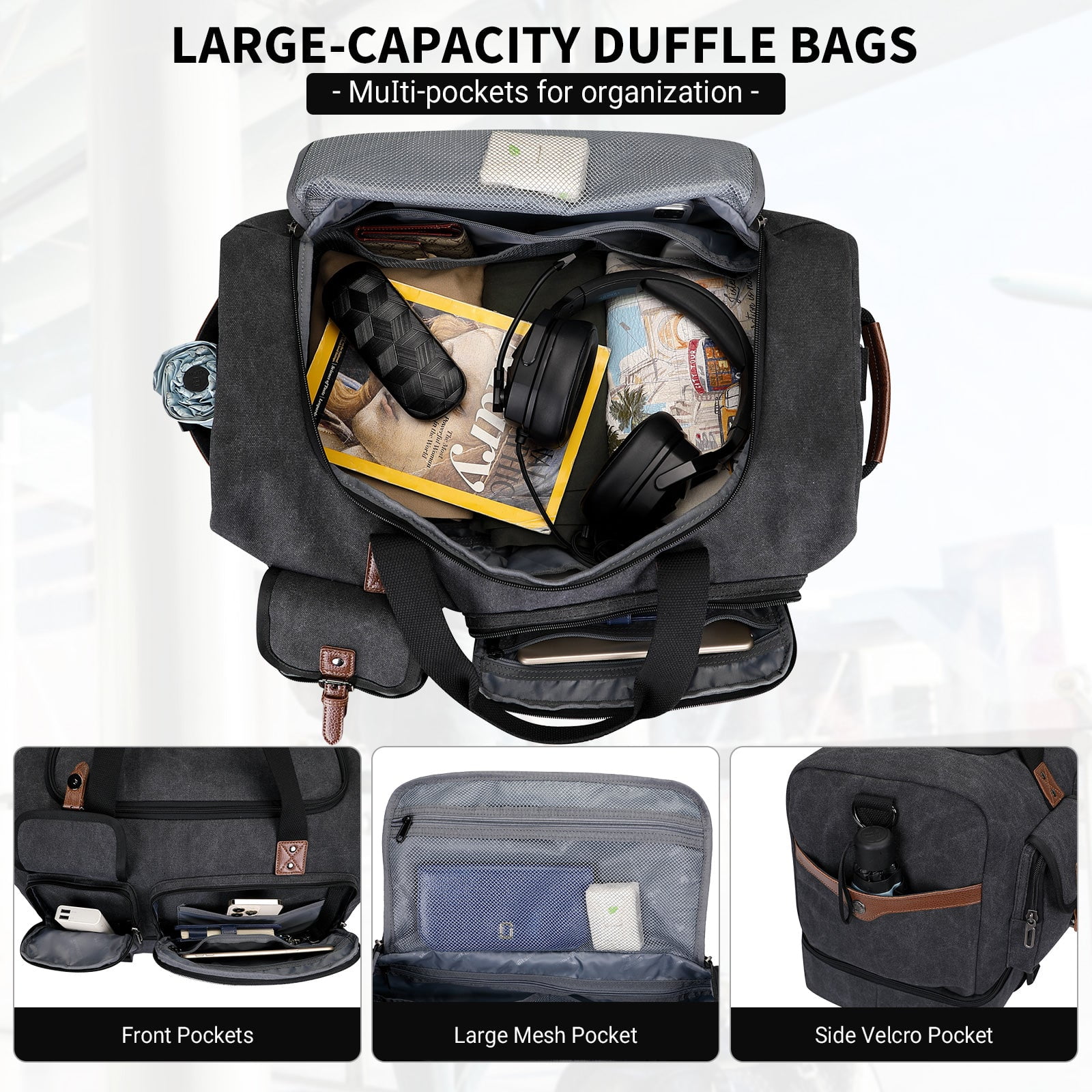 WITZMAN Canvas Weekender Bag Mens Overnight Bag for Traveling Carry on Duffle Bags with Shoes Compartment(A8010 Black)