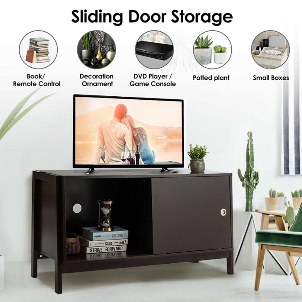 Finihen TV Stand, TV Cabinet, Modern Entertainment Cabinet with Sliding Doors, Media Entertainment Center with Storage, for Living Room, Bedroom, Dark Brown