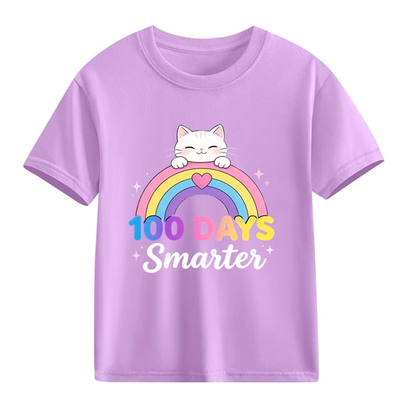 100 Days Smarter Graphic Tee for Boys, 100th Day of School Shirt Kids Rainbow Cat Design, 100% Cotton Short Sleeve T-Shirt, Youth Sizes 3-10, Purple,Size 5 T