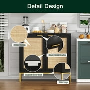 Eumyviv Modern Accent Sideboards Cabinets with 2 Rattan Doors, Mid-Century Buffets Storage Credenzas for Bedroom Living Room, Black H0046
