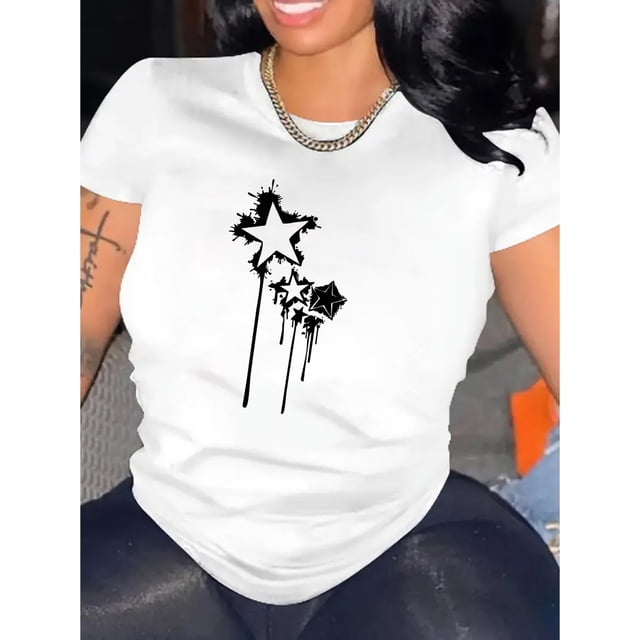 Women's Casual Star Graffiti Print T-Shirt - Crew Neck, Short Sleeve, Stretchy Polyester Blend, Machine Washable - Perfect for Summer & Everyday Fashion