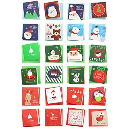 24 Pack Mini Cartes de Vœux de Noël & Enveloppes, Petite Taille Mignonne 3 x 3 Pouces Joyeux Noël Cartes de Vœux Couleur de Festival (Lot de 24)