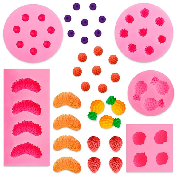5Pcs Fruit Shaped Jelly Molds, 3D Mini Pineapple Strawberry Orange Blueberry Mulberry Candle Silicone Fruit Mold for Cupcake Decorating, Chocolate